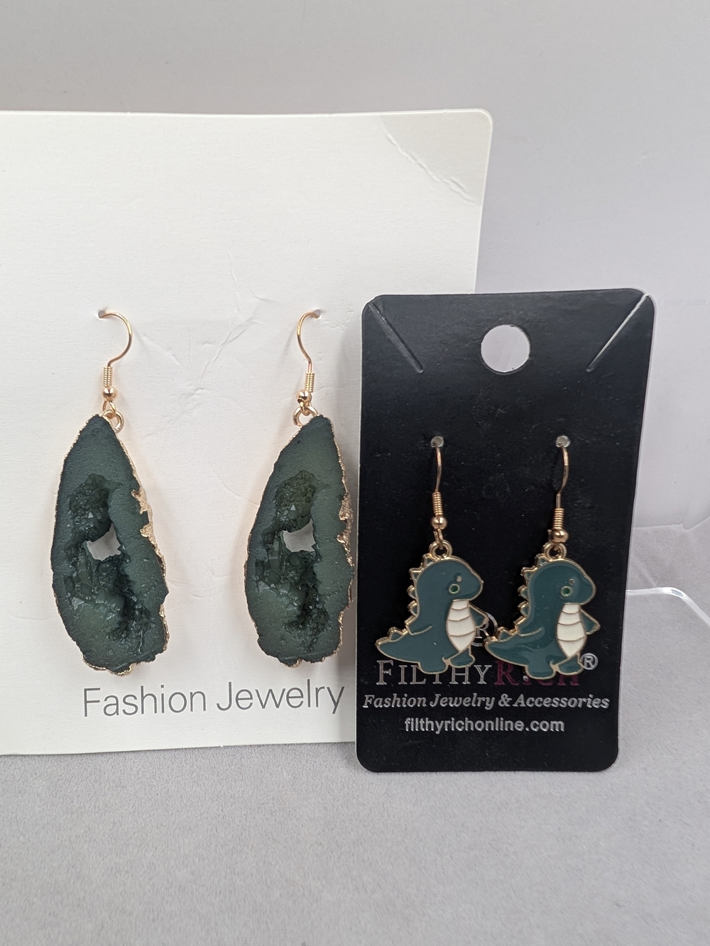 Filthy Rich Dinosaur + Faux Geode Green Dangle Earrings 2 Pair NWT | 1118